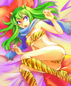 1girl ass blue_eyes blue_scarf breasts commentary_request cone_horns fang from_above green_hair heart heart-shaped_pillow horns lum lying on_bed on_side oni open_mouth pillow scarf solo tiger_print_bikini unpoco urusei_yatsura
