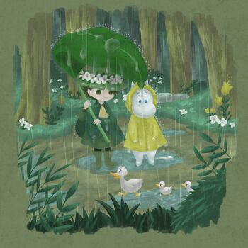 1boy ascot baby_animal bird blue_hair boots cloak duck duckling flower forest full_body green_cloak head_wreath highres hood hood_up leaf_umbrella long_sleeves looking_at_animal male_focus moomin moomintroll nature nonana_(mikudrop) outdoors rain raincoat rock rubber_boots short_hair snufkin white_flower yellow_ascot yellow_flower yellow_raincoat