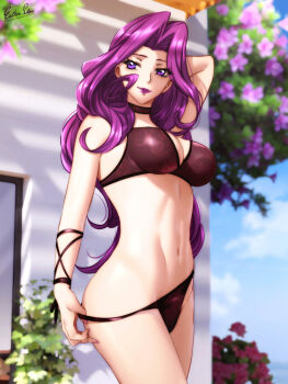 1girl bikini bikini_pull black_bikini black_choker blurry blurry_background breasts choker cleavage clothes_pull code_geass cornelia_li_britannia cowboy_shot esther_shen hair_intakes long_hair looking_at_viewer medium_breasts nail_polish navel pink_nails pulling_own_clothes purple_eyes purple_hair purple_lips signature solo standing swimsuit very_long_hair