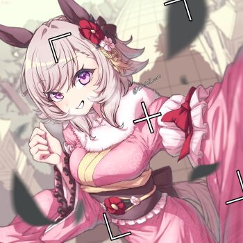 1girl absurdres animal_ears blush bow braid breasts curren_chan_(umamusume) ear_covers ear_flower flower furisode grey_hair hair_between_eyes hair_flower hair_ornament highres horse_ears horse_girl horse_tail japanese_clothes kasei_ovo kimono large_breasts long_sleeves looking_at_viewer new_year obi open_mouth outdoors outstretched_arm pink_kimono purple_eyes sash selfie short_hair smile solo tail umamusume viewfinder