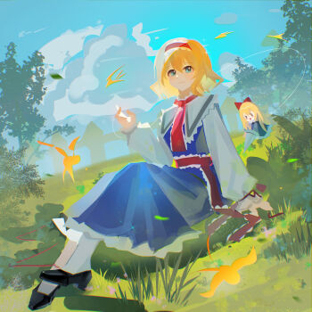 2girls absurdres alice_margatroid black_shoes blonde_hair blue_dress blue_eyes bow bush commentary doll dress frilled_hairband frills grass hair_bow hairband highres holding holding_polearm holding_weapon light_blush multiple_girls necktie outdoors pantyhose polearm puffy_short_sleeves puffy_sleeves puppet_strings red_bow red_hairband red_ribbon ribbon shanghai_doll shoes short_hair short_sleeves signature silhouette sitting spear square-end_necktie touhou weapon white_pantyhose xingxingxing_guangguang