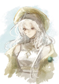 1girl absurdres arknights babu_don_(don_10_13) bare_shoulders brown_jacket closed_mouth commentary_request dress hair_between_eyes hat highres jacket long_hair nasti_(arknights) off_shoulder official_alternate_costume open_clothes open_jacket red_eyes shirt simple_background smile solo twitter_username upper_body white_background white_dress white_hair white_shirt yellow_jacket