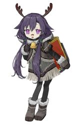 Rule 34 | 1girl, antlers, backpack, bag, bandaid, bandaid on face, bandaid on nose, bell, black pantyhose, boots, brown footwear, brown jacket, brown mittens, cropped jacket, dress, fringe trim, fur-trimmed boots, fur-trimmed hood, fur-trimmed sleeves, fur trim, goshiki agiri, green dress, hair flaps, hair over shoulder, hand up, highres, hitonatz, hood, hooded jacket, horns, jacket, kill me baby, kirara fantasia, leaning forward, looking at viewer, low twintails, mittens, neck bell, open mouth, pantyhose, purple eyes, purple hair, reindeer antlers, short dress, simple background, smile, solo, standing, twintails, white background