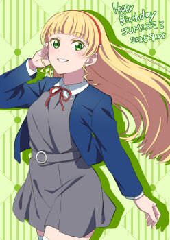 1girl blue_jacket blunt_bangs bow bow_hairband breasts character_name collared_shirt commentary_request cowboy_shot curly_sidelocks dated dress dress_shirt drop_shadow green_background grey_dress grin hairband happy_birthday heanna_sumire highres jacket long_sleeves looking_at_viewer love_live! love_live!_superstar!! medium_breasts neck_ribbon open_clothes open_jacket pinafore_dress pleated_dress red_hairband red_ribbon ribbon school_uniform shirt short_dress sidelocks sleeveless sleeveless_dress smile solo thighhighs vorupi white_bow white_shirt white_thighhighs winter_uniform yuigaoka_school_uniform zettai_ryouiki