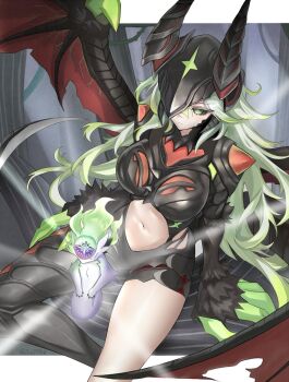 1girl armor black_armor black_bodysuit black_sclera bodysuit breasts colored_sclera commentary_request diabellstar_the_black_witch diabellstar_vengeance duel_monster green_eyes green_hair highres large_breasts long_hair snake-eyes_poplar solo_focus yu-gi-oh! zen77766