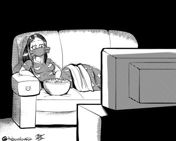 Rule 34 | couch, hallow (skullgirls), highres, lying, mask, monochrome, on side, pajamas, skullgirls, tagme, television, thebeardyartist