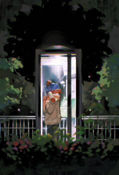 Rule 34 | 1boy, beanie, black hair, blue eyes, blue hat, blurry, blurry foreground, brown jacket, bush, chun baii, corded phone, fence, hat, highres, jacket, male focus, mittens, night, orange scarf, phone, phone booth, pom pom (clothes), pom pom beanie, red mittens, scarf, solo, south park, stan marsh, standing, talking on phone, wide shot