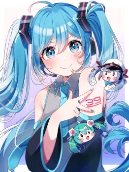 Rule 34 | 39, 3girls, absurdres, ahoge, applying manicure, aqua eyes, aqua hair, aqua nails, aqua trim, blush, closed mouth, collared shirt, commentary request, detached sleeves, fingernails, flower, gradient hair, grey shirt, hair between eyes, hair flower, hair ornament, hat, hatsune miku, headset, highres, long hair, long sleeves, magical mirai (vocaloid), magical mirai miku, magical mirai miku (2021), mamec0s, miku day, multicolored hair, multiple girls, nail polish, official alternate hairstyle, peaked cap, red hair, sailor hat, shirt, sleeveless, sleeveless shirt, smile, twintails, very long hair, vocaloid, wide sleeves, yuki miku, yuki miku (2022)
