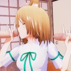 1girl 2boys 3d animal_ears animated assertive_female breasts brown_hair censored closed_eyes double_w fellatio fox_shadow_puppet group_sex half-closed_eyes handjob highres indoors kissing_penis kudamaki_tsukasa large_penis licking licking_penis looking_at_viewer medium_breasts mmf_threesome mofumoko5 multiple_boys naughty_face open_mouth oral penis penis_grab puckered_lips seductive_gaze short_hair small_breasts smile tagme threesome tongue tongue_out touhou video w yellow_eyes