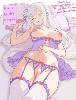 1girl braid breasts cathyyyemilia closed_eyes emilia_(re:zero) garter_belt garter_straps grey_hair highres lingerie lying nipples on_back on_bed pillow pointy_ears pussy re:zero_kara_hajimeru_isekai_seikatsu thighhighs underwear