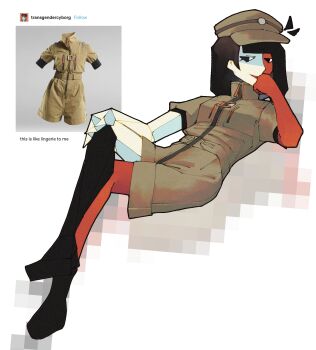 Rule 34 | 1girl, alternate costume, black eyes, black hair, blunt bangs, blunt ends, bob cut, colored skin, ena: dream bbq, ena (dream bbq), ena (series), ena (species), hat, highres, low poly, meanie ena, multicolored skin, pandelia, red skin, reference inset, short sleeves, shorts, simple background, smile, split-color skin, two-tone skin