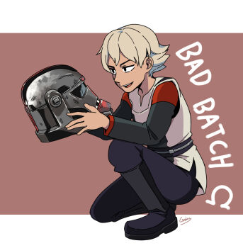 Rule 34 | 1girl, black boots, black eyes, black pants, blonde hair, boots, commentary, full body, galois, helmet, highres, holding, holding unworn helmet, knee boots, omega (star wars), on one knee, open mouth, pants, reverse trap, short hair, signature, smile, solo, star wars, star wars: the bad batch, star wars: the clone wars (2008 tv series), unworn headwear, unworn helmet