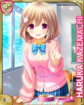 1girl :o blue_skirt blush brown_hair card_(medium) character_name classroom cowboy_shot desk girlfriend_(kari) indoors kazemachi_haruka long_sleeves looking_at_viewer lunch official_art open_mouth pink_eyes plaid_clothes plaid_skirt qp:flapper school_desk school_uniform short_hair skirt solo standing tareme treble_clef