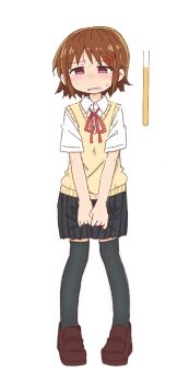 1girl black_thighhighs blue_skirt blush brown_hair brown_shoes clenched_teeth collared_shirt embarrassed female_focus flat_chest full_body hair_ornament hairclip half-closed_eyes have_to_pee large_variant_set looking_at_viewer miniskirt neck_ribbon nose_blush original own_hands_together pigeon-toed pleated_skirt ponnu_(tnpn2yw) red_eyes red_ribbon ribbon school_uniform shirt shoes short_hair short_sleeves sidelocks simple_background skirt solo standing sweat sweater_vest teeth thighhighs urine_meter v_arms variant_set vest white_background white_shirt yellow_vest