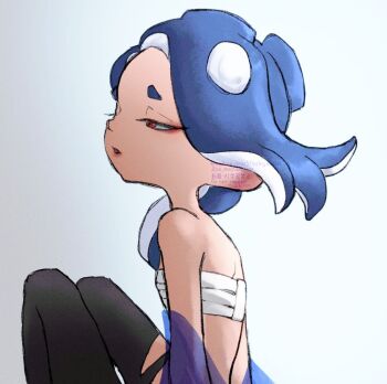 Rule 34 | 1girl, black pants, blue hair, chest sarashi, commentary request, long hair, looking ahead, nintendo, octoling, open mouth, pants, red eyes, sarashi, shiver (deep cut outfit) (splatoon), shiver (splatoon), short eyebrows, sitting, solo, somakusha, splatoon (series), splatoon 3, tentacle hair, thick eyebrows, torn clothes, torn pants, watermark, white background