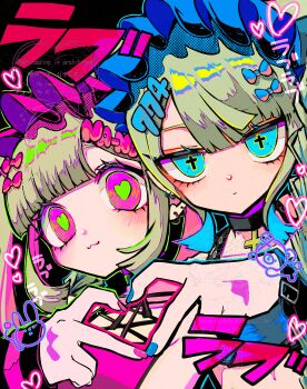 2girls :3 :| absurdres blonde_hair blue_eyes bow choker closed_mouth cross cross-shaped_pupils cross_choker earrings four-finger_heart_hands hair_bow heart heart-shaped_pupils heart_hands heart_in_eye highres jewelry maid_headdress multicolored_hair multiple_earrings multiple_girls nanonano0807 original pink_eyes symbol-shaped_pupils symbol_in_eye tagme