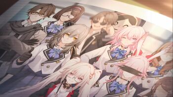 Rule 34 | 2boys, 6+girls, absurdres, animal ears, bad link, bar censor, baseball bat, bespectacled, black choker, black gloves, black jacket, black skirt, blue bow, blue bowtie, blue eyes, bow, bowtie, brown hair, buttons, censored, censored identity, choker, collared shirt, crossed arms, detached collar, double-breasted, earrings, evanescia (honkai: star rail), faceless, faceless female, facial mark, game cg, glasses, gloves, grey hair, grey jacket, grey scarf, grin, group picture, hair between eyes, hair bow, hair intakes, hair ornament, hairband, hairclip, hands on own hips, heart, heart facial mark, highres, holding, holding baseball bat, honkai: star rail, honkai (series), jacket, jewelry, long hair, long sleeves, march 7th (honkai: star rail), multicolored eyes, multicolored hair, multiple boys, multiple girls, official art, one eye closed, parallel hairclips, photo (object), pink hairband, pleated skirt, purple eyes, rabbit ears, red bow, scarf, school uniform, shirt, short hair, single earring, skirt, skott (honkai: star rail), smile, sparkle (honkai: star rail), sparxie (honkai: star rail), stelle (honkai: star rail), streaked hair, thumbs up, trailblazer (honkai: star rail), twintails, two-tone eyes, welt yang, white hair, white jacket, white shirt, yellow eyes