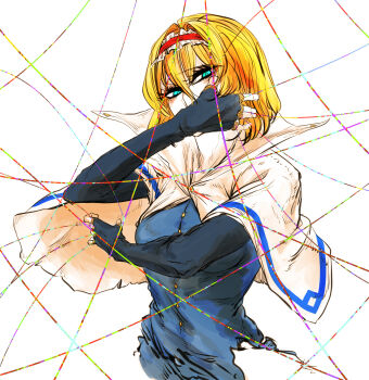 1girl alice_margatroid black_gloves blonde_hair blue_shirt breasts capelet elbow_gloves fingerless_gloves gloves green_eyes hair_intakes hairband hands_up highres kyanduru long_sleeves medium_breasts puppet_strings red_hairband shirt short_hair simple_background solo touhou white_capelet