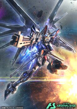 beam_rifle blue_eyes copyright_logo copyright_name copyright_notice energy_gun explosion gun gundam gundam_arsenal_base gundam_seed gundam_seed_freedom holding holding_gun holding_shield holding_weapon igaraigara logo mecha mecha_focus mechanical_wings mobile_suit no_humans official_art rising_freedom_gundam robot science_fiction shield solo space v-fin weapon wings