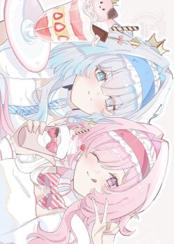 2girls :p ;p blue_eyes blue_hairband blue_necktie bow bowtie cerydra_(honkai:_star_rail) commentary_request crown cup cyrene_(demiurge)_(honkai:_star_rail) cyrene_(honkai:_star_rail) diamond-shaped_pupils diamond_(shape) drinking_glass food hair_intakes hairband highres holding holding_cup honkai:_star_rail honkai_(series) ice_cream long_hair looking_at_viewer multiple_girls necktie one_eye_closed pink_bow pink_bowtie pink_hair pink_hairband purple_eyes r_ceryx00 shirt smile sundae symbol-shaped_pupils tongue tongue_out v very_long_hair white_shirt