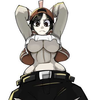 1girl black_eyes black_hair black_pants breasts commentary crop_top cropped_jacket english_commentary jacket looking_at_viewer non-web_source pants player_character_(roblox) roblox short_hair sleeves_rolled_up solo