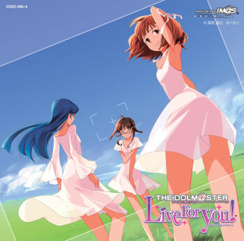 Rule 34 | 3girls, akizuki ritsuko, album cover, amami haruka, annindoufu (oicon), arm behind head, arm up, blue hair, blue sky, brown eyes, brown hair, closed eyes, closed mouth, copyright notice, cover, day, dress, floating clothes, floating hair, glasses, hair ribbon, highres, idolmaster, idolmaster (classic), idolmaster live for you!, kisaragi chihaya, long hair, long sleeves, looking back, multiple girls, official art, outdoors, plain, ribbon, short hair, sky, sleeveless, sleeveless dress, standing, third-party source, viewfinder, white dress, white ribbon