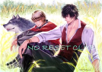 2boys artist_name black_boots black_hair black_pants black_shirt blue_eyes boots bracelet brothers brown_hair bug butterfly butterfly_on_nose clive_rosfield closed_mouth collared_shirt commentary_request earrings facial_scar final_fantasy final_fantasy_xvi hair_between_eyes highres hugging_own_legs insect jewelry joshua_rosfield light_smile looking_at_another male_focus multiple_boys outdoors pants red_vest sakurai_shushushu scar scar_on_cheek scar_on_face shirt short_hair siblings sitting sleeves_rolled_up torgal_(ff16) vest white_shirt wolf