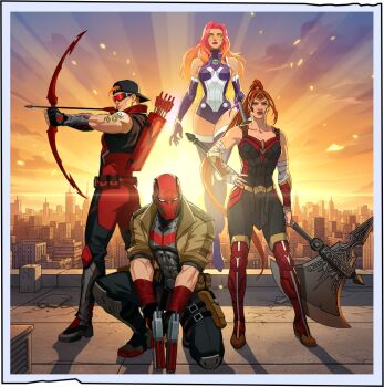 2girls arsenal_(dc) artemis_of_bana-mighdall bat_signal batman_(series) batman_symbol belt black_bodysuit black_gloves bodysuit boots breasts brown_jacket colored_sclera colored_skin dc:_dark_legion dc_comics gloves green_eyes green_sclera grey_bodysuit jacket jason_todd large_breasts long_hair looking_at_viewer mask multicolored_bodysuit multiple_girls muscular muscular_male navel non-web_source official_art open_clothes orange_skin pants purple_boots red_hair red_hood_(dc) red_hood_and_the_outlaws red_mask roy_harper short_hair starfire superhero_costume tamaranean taut_bodysuit thighhighs two-tone_bodysuit utility_belt western_comics_(style)