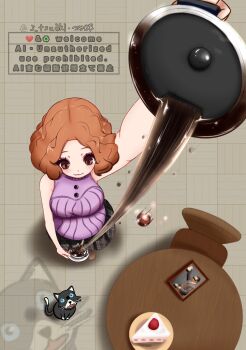 1girl breasts brown_eyes cake cake_slice cat coffee coffee_mug coffee_pot cup derivative_work eyelashes_through_hair fluffy_hair food foreshortening highres j_tsu3ki morgana_(cat)_(persona_5) morgana_(persona_5) mug okumura_haru persona persona_5 persona_5_the_royal plaid_clothes plaid_skirt pouring school_uniform shirt skirt sleeveless sleeveless_shirt