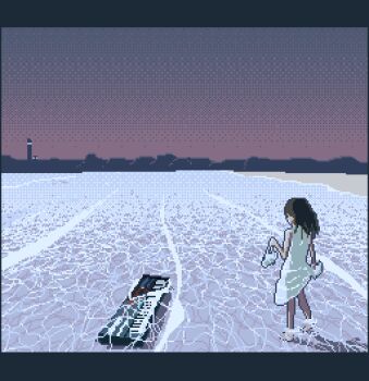 1girl animated animated_gif black_hair dithering dress female_focus holding holding_shoes holding_unworn_clothes instrument keyboard_(instrument) letterboxed lighthouse long_hair motocross_saito ocean original partially_submerged pixel_art shoes skirt_hold solo standing unworn_shoes wading water white_shoes
