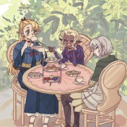 Rule 34 | 1girl, 2boys, androgynous, blonde hair, blue capelet, capelet, choker, cloak, cup, dark-skinned male, dark skin, dress, dungeon meshi, elf, food, gorget, green cloak, green eyes, grey hair, highres, holding, holding cup, holding saucer, holding teapot, hood, hooded cloak, jiebiandeyegou77649, juliet sleeves, long hair, long sleeves, marcille donato, mithrun, multiple boys, notched ear, pointy ears, puffy sleeves, robe, saucer, short hair, sidelocks, sitting, smile, table, tea, tea party, teacup, teapot, thistle (dungeon meshi), tiered tray, tunic