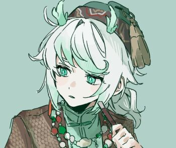 1boy androgynous bead_necklace beads brown_jacket commentary_request dragon_horns eastern_dragon_horns edgar_valden edgar_valden_(sealed_chronicler) gradient_hair green_eyes green_hair green_shirt hat hat_tassel holding holding_pen horns identity_v jacket jewelry looking_to_the_side male_focus mandarin_collar medium_hair multicolored_hair necklace official_alternate_costume pen ponytail shirt short_ponytail sidelocks sinzourrrrr small_horns solo swept_bangs unfinished white_hair