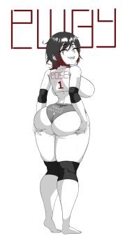 1girl absurdres arrow_(symbol) ass ass_focus ass_grab ass_support backboob bare_shoulders barefoot black_hair breasts come_hither deep_skin from_behind goldsaw highres huge_ass knee_pads large_breasts looking_at_viewer looking_back monochrome naughty_face open_mouth ruby_rose rwby short_hair short_shorts shorts sideboob smile solo sportswear sweat thick_thighs thighs