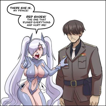 1boy 1girl armpit_cutout belt belt_buckle belt_pouch black_belt bodysuit breasts brown_hair buckle cinderella_(nikke) cleavage clothing_cutout commander_(nikke) coquiadam faceless faceless_male gloves goddess_of_victory:_nikke hair_over_eyes hair_over_one_eye highres jacket large_breasts leg_cutout long_hair military_jacket military_uniform navel navel_cutout necktie one_eye_covered pouch red_eyes see-through_bodysuit see-through_clothes short_hair simple_background stomach_cutout twintails very_long_hair white_bodysuit white_hair white_necktie