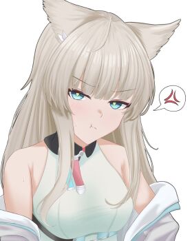 1girl anger_vein annoyed arknights arknights:_endfield awo-ku bare_shoulders blue_eyes closed_mouth commentary_request grey_hair grey_shirt highres light_blush long_hair looking_at_viewer off_shoulder partial_commentary perlica_(arknights) pout shirt simple_background sleeveless sleeveless_shirt solo spoken_anger_vein sweatdrop upper_body white_background yellow_pupils