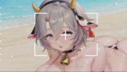 1girl all_fours animal_ears animal_print animated armpit_crease ass bare_shoulders bell between_breasts bikini black_choker blue_eyes blush bottle bouncing_breasts breasts brown_dust_(series) brown_dust_2 choker cleavage cow_ears cow_horns cow_print cow_print_bikini cow_print_gloves cow_print_thighhighs cowbell curvy elbow_gloves furrowed_brow gloves grey_hair hair_between_eyes halterneck hand_rest high_heels highres horns huge_ass huge_breasts looking_at_viewer milk_bottle mole mole_on_breast navel official_alternate_costume official_art open_mouth parted_bangs print_bikini print_gloves print_thighhighs sexually_suggestive shiny_skin short_hair side-tie_bikini_bottom sideboob sidelocks sitting skindentation sound stomach string_bikini swimsuit tagme teresse_(brown_dust) thick_thighs thighhighs thighs thong thong_bikini video wide_hips