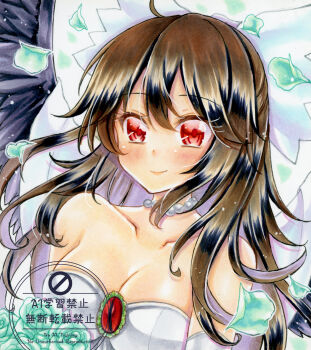 1girl ahoge alternate_costume black_wings blush bouquet bow breasts brown_hair cleavage closed_mouth collarbone commentary dress falling_petals flower green_flower green_petals green_rose hair_bow hashtag-only_commentary highres holding holding_bouquet holding_flower large_breasts long_hair looking_at_viewer marker_(medium) nekofish666 open_mouth petals red_eyes reiuji_utsuho rose smile solo touhou traditional_media twitter_username upper_body watermark wedding_dress white_bow wings