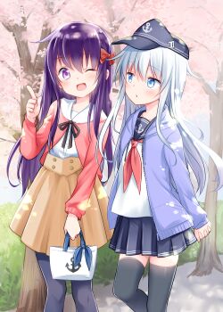 2girls :d akatsuki_(kancolle) alternate_costume anchor_symbol arms_behind_back bag black_pantyhose black_ribbon black_thighhighs blue_eyes blue_hair blue_hat blue_jacket blue_sailor_collar blue_skirt blush bow brown_skirt commentary_request feet_out_of_frame flat_cap hair_between_eyes hair_bow handbag hat hat_pin hibiki_(kancolle) highres holding holding_bag jacket kantai_collection long_hair long_sidelocks long_sleeves looking_at_another looking_at_viewer motohara_moka multiple_girls neck_ribbon neckerchief one_eye_closed open_clothes open_jacket open_mouth outdoors own_hands_clasped own_hands_together pantyhose petals pink_petals plant pleated_skirt purple_eyes purple_hair red_bow red_jacket red_neckerchief ribbon sailor_collar shirt sidelocks skirt smile thighhighs tree walking white_shirt zettai_ryouiki