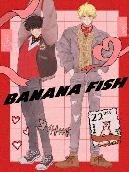 2boys arms_up ash_lynx banana_fish black_footwear black_hair blonde_hair blush border brown_eyes brown_footwear cat collared_shirt fish_skeleton flannel full_body grey_jacket grey_pants grid_background hands_in_pockets highres jacket letterman_jacket male_focus multiple_boys okumura_eiji open_mouth pants pink_background pink_ribbon pinstripe_pattern pinstripe_shirt plaid_clothes plaid_shirt polka_dot polka_dot_scarf postage_stamp red_border red_scarf red_sweater ribbon scarf shirt shoes smile sneakers sweater torn_clothes torn_pants yellow_eyes yu_ru_lull