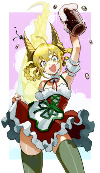 1girl absurdres ahoge alcohol arm_up armband armpits beer beer_mug blonde_hair border braid braided_hair_rings clip_studio_paint_(medium) collar commentary contrapposto cowboy_shot cup detached_collar dress eudetenis fang green_thighhighs hair_between_eyes hair_rings highres holding holding_cup horns long_bangs mug multicolored_dress multicolored_eyes neck_ribbon open_mouth original outside_border pink_background red_ribbon ribbon short_dress sleeveless sleeveless_dress smile solo sparkle standing tail thighhighs two-tone_eyes white_armband white_border white_collar zettai_ryouiki