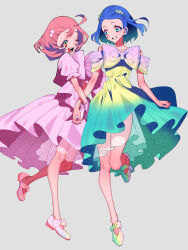 Rule 34 | 2girls, :d, ;d, absurdres, ayase naru, blue eyes, blue hair, bow, dress, full body, grey background, highres, looking at another, multiple girls, one eye closed, open mouth, pink bow, pink dress, pink hair, pretty rhythm, pretty rhythm rainbow live, pretty series, purple bow, rinne (pretty rhythm), shoes, short hair, smile, standing, standing on one leg, yellow dress, zashima
