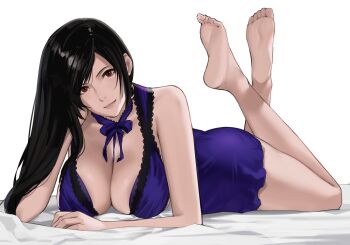 1girl arm_support bare_legs bare_shoulders barefoot bed_sheet black_hair breasts brown_eyes cleavage closed_mouth dress feet feet_up final_fantasy final_fantasy_vii final_fantasy_vii_remake hair_behind_ear hand_on_own_cheek hand_on_own_face j@ck legs legs_up long_hair looking_at_viewer lying minidress official_alternate_costume on_stomach parted_bangs purple_dress seductive_smile short_dress smile soles solo square_enix swept_bangs the_pose thighs tifa_lockhart tifa_lockhart_(refined_dress) toes wall_market