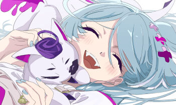 blue_hair blue_nails blush close-up closed_eyes elira_pendora elira_pendora_(1st_costume) fangs head_wings highres nijisanji nijisanji_en npppiyo pikl_(elira_pendora) smile virtual_youtuber wings