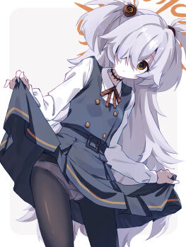 1girl akayama_yukihe belt black_belt black_eyes black_pantyhose blue_archive bright_pupils brown_eyes brown_ribbon buttons clothes_lift collared_shirt commentary cowboy_shot double-breasted dress dress_lift eyeball_hair_ornament gluteal_fold grey_dress grey_hair hair_intakes hair_over_one_eye halo highres kanoe_(blue_archive) lifting_own_clothes long_bangs long_hair long_sleeves multicolored_eyes neck_ribbon one_eye_covered orange_halo panties panties_under_pantyhose pantyhose pinafore_dress ribbon shirt simple_background sleeveless sleeveless_dress solo spiked_hair two-tone_eyes two_side_up underwear very_long_hair white_background white_panties white_pupils white_shirt