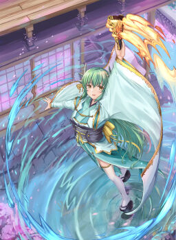 1girl architecture black_sandals blush dragon_girl dragon_horns east_asian_architecture fate/grand_order fate_(series) fire folded_fan folding_fan green_hair green_kimono hair_between_eyes hair_ornament hand_fan highres holding holding_fan horns huanghyy japanese_clothes kimono kiyohime_(fate) kiyohime_(second_ascension)_(fate) long_hair long_sleeves looking_at_viewer multiple_horns open_mouth sandals smile solo thighhighs white_thighhighs wide_sleeves yellow_eyes