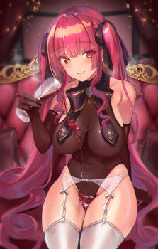 1girl absurdres alcohol bishooji blush breasts breasts_apart chair commentary_request covered_navel cup drinking_glass feet_out_of_frame garter_belt garter_straps heterochromia highres hololive houshou_marine large_breasts leotard long_hair looking_at_viewer red_eyes red_hair seat see-through_clothes see-through_leotard sitting solo spilling sweat sword thighhighs thighs twintails virtual_youtuber wakamezake wavy_mouth weapon white_thighhighs wine wine_glass yellow_eyes