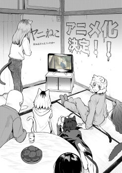 1boy 6+girls absurdres animal_ear_fluff animal_ears announcement_celebration cat_ears cat_girl cat_tail commentary_request highres long_hair lying medium_hair multicolored_hair multiple_girls nyannyan_factory on_stomach roots_(hair) tail television yani_neko