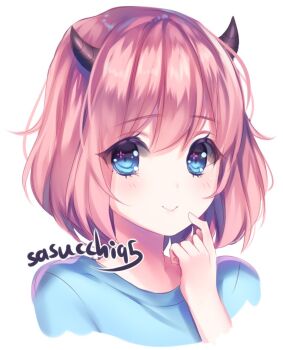 Rule 34 | 1girl, artist name, black horns, blue eyes, blue shirt, blush, closed mouth, commentary, cropped shoulders, demon girl, demon horns, double-parted bangs, english commentary, eyes visible through hair, finger to cheek, hair between eyes, hand up, horns, looking at viewer, original, pink hair, rina (sasucchi95), sasucchi95, shirt, short hair, simple background, small horns, smile, solo, tareme, white background