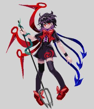 1girl alternate_ears asymmetrical_wings black_dress black_hair black_thighhighs blue_wings bow bowtie buttons center_frills closed_mouth commentary_request dress expressionless flat_chest footwear_bow frilled_dress frills full_body grey_background holding holding_polearm holding_weapon houjuu_nue ichirugi looking_at_viewer mary_janes medium_hair pixel_art polearm red_bow red_bowtie red_eyes red_shoes red_wings shoes short_dress short_sleeves simple_background snake solo thighhighs tomoe_(symbol) touhou trident weapon wings wristband zettai_ryouiki