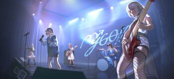 5girls absurdres amplifier bang_dream! bang_dream!_it&#039;s_mygo!!!!! black_boots black_choker black_hair black_shorts blue_eyes blue_jacket boots brown_hair chihaya_anon choker closed_eyes cloud_nine_(798392138) commentary dress_shirt drum drum_set earrings electric_guitar fishnet_thighhighs fishnets glint grey_skirt guitar heterochromia highres holding holding_guitar holding_instrument holding_microphone holding_plectrum instrument jacket jewelry kaname_raana long_hair microphone microphone_stand multiple_girls music mygo!!!!!_(bang_dream!) mygo!!!!!_logo_(bang_dream!) nagasaki_soyo open_clothes open_jacket playing_drum playing_guitar playing_instrument plectrum shiina_taki shirt short_hair shorts singing single_thighhigh skirt speaker stage takamatsu_tomori thighhighs white_background white_hair white_shirt white_skirt yellow_eyes